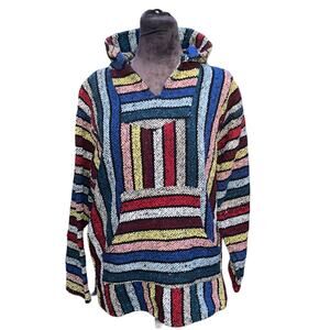 VTG 90s Colorful Striped Baja Poncho Hoodie Adult Rainbow Drug Rug Unisex M